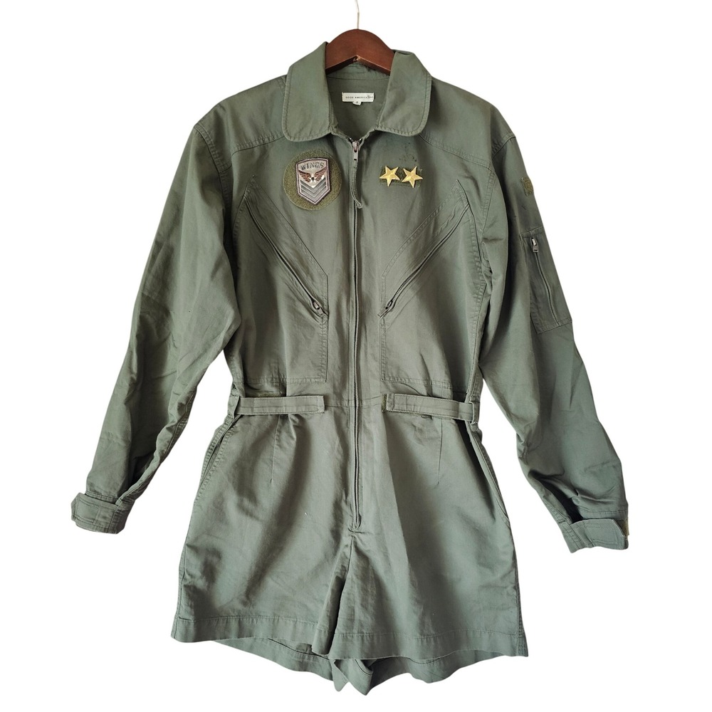 Good American Olive Green Utility Flight Suit Romper Shorts w/ Wings Patch 2 / M